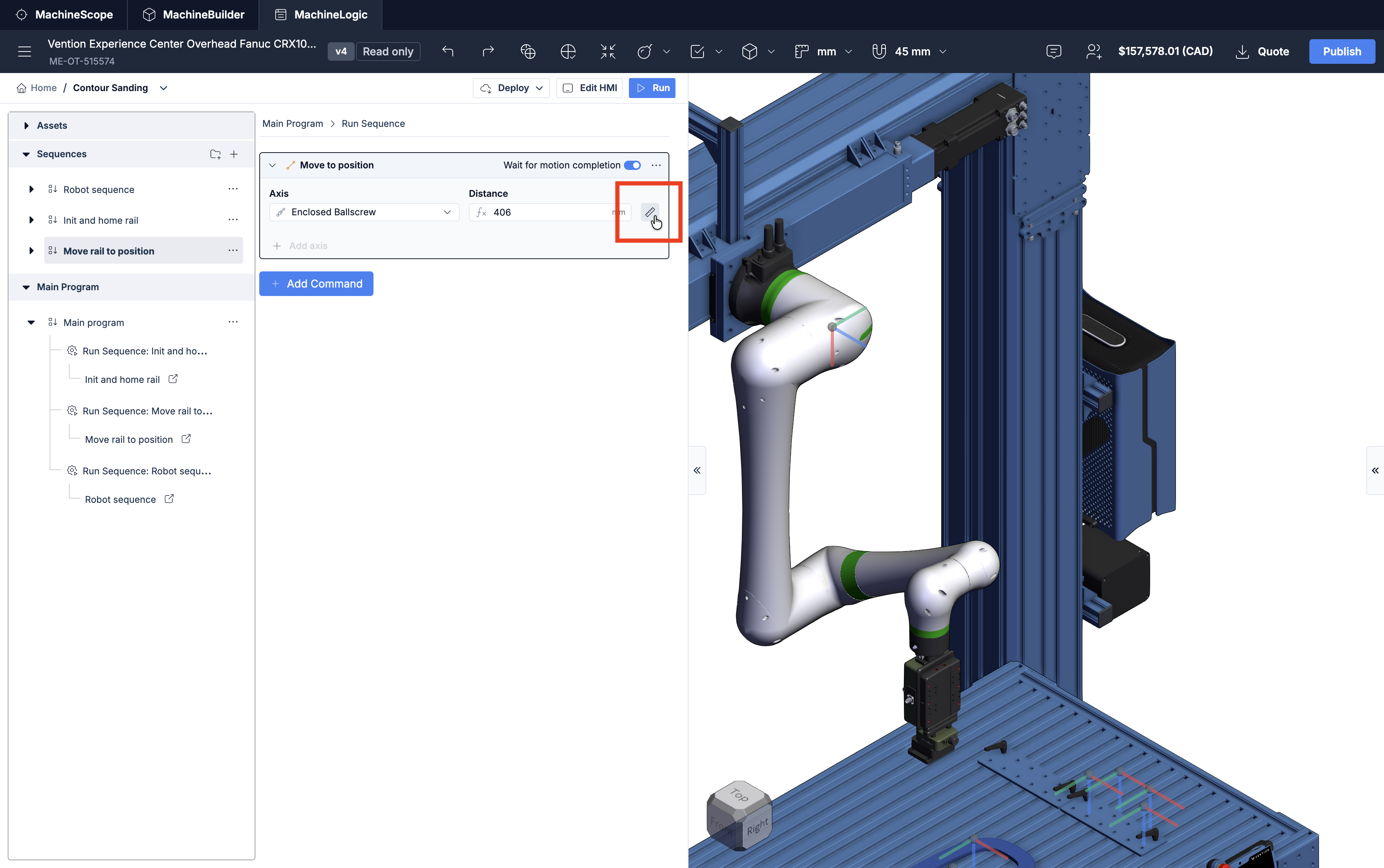 Robot programming interface showing sequence commands and motion settings for automation.